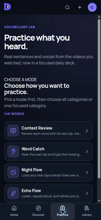 Bablio context, listening and pronunciation practice modes